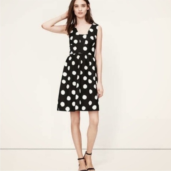 4 for $40 SALE!LOFT Factory V Neck Polka Dot Midi Dress, Black/Cream Dot, Size 4 - Picture 1 of 13